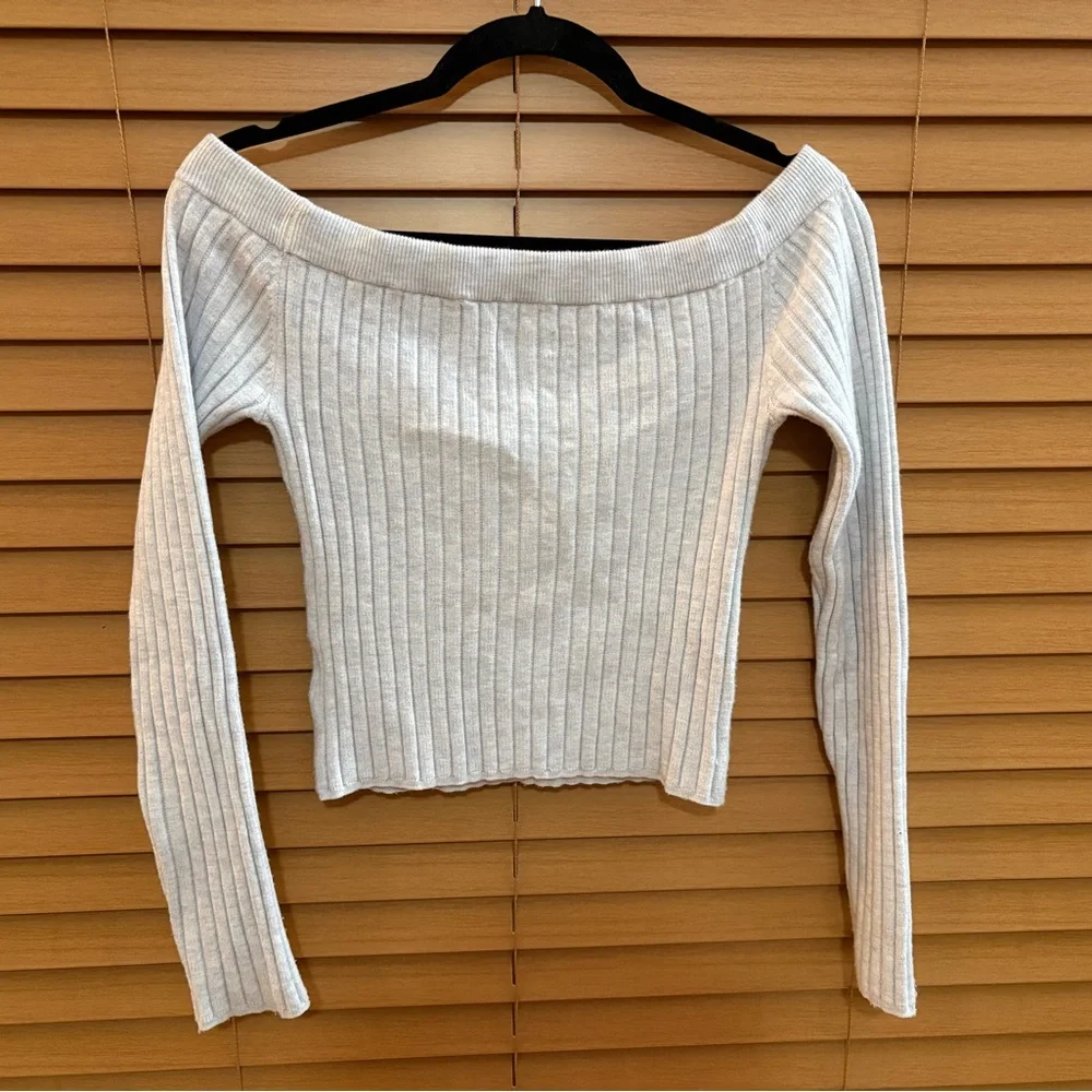 Aerie Off-Shoulder Ribbed Knit Sweater - Medium Grey - Picture 5 of 10